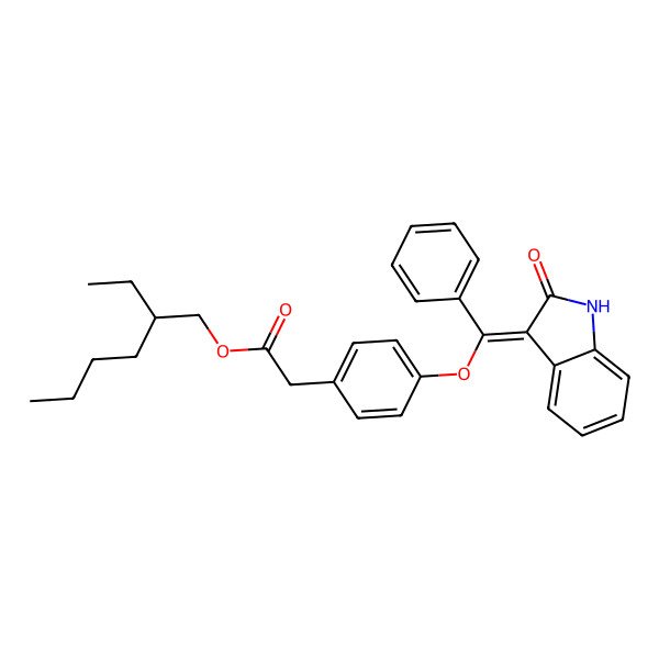 2D Structure of [(2S)-2-ethylhexyl] 2-[4-[(E)-(2-oxo-1H-indol-3-ylidene)-phenylmethoxy]phenyl]acetate