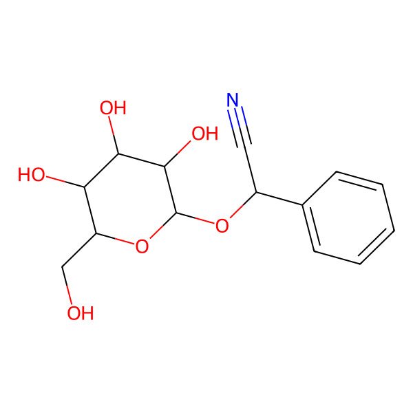 2D Structure of (2S)-2-phenyl-2-[(2R,3R,4R,5S,6R)-3,4,5-trihydroxy-6-(hydroxymethyl)oxan-2-yl]oxyacetonitrile