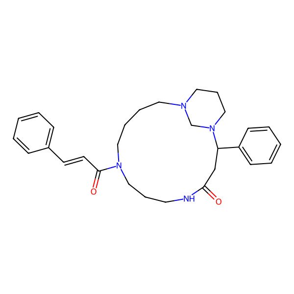 2D Structure of (2S)-2-phenyl-9-[(E)-3-phenylprop-2-enoyl]-1,5,9,14-tetrazabicyclo[12.3.1]octadecan-4-one