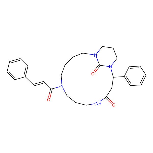 2D Structure of (2S)-2-phenyl-9-[(E)-3-phenylprop-2-enoyl]-1,5,9,14-tetrazabicyclo[12.3.1]octadecane-4,18-dione