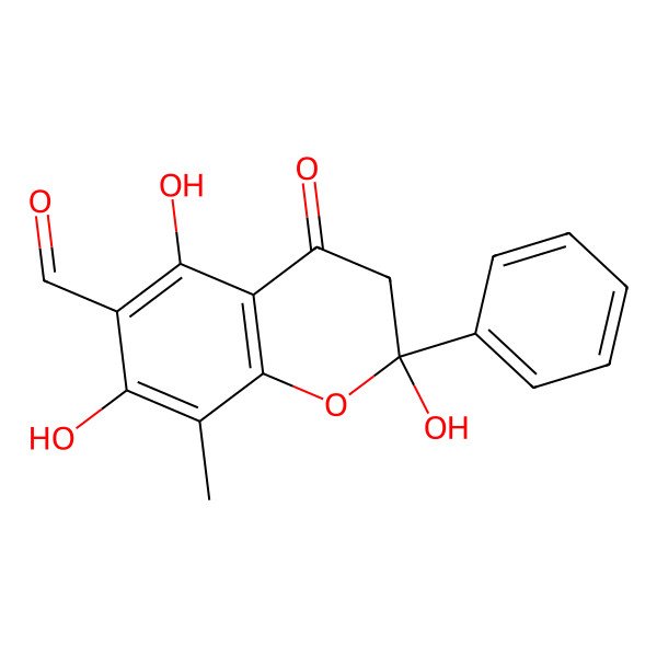 2D Structure of (2S)-2,5,7-trihydroxy-8-methyl-4-oxo-2-phenyl-3H-chromene-6-carbaldehyde