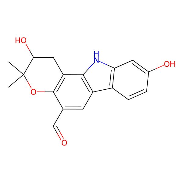 2D Structure of (2S)-2,9-dihydroxy-3,3-dimethyl-2,11-dihydro-1H-pyrano[3,2-a]carbazole-5-carbaldehyde