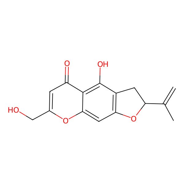 2D Structure of (2S)-4-hydroxy-7-(hydroxymethyl)-2-prop-1-en-2-yl-2,3-dihydrofuro[3,2-g]chromen-5-one