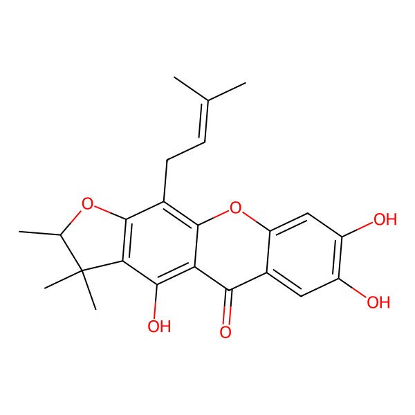 2D Structure of (2S)-4,7,8-trihydroxy-2,3,3-trimethyl-11-(3-methylbut-2-enyl)-2H-furo[3,2-b]xanthen-5-one