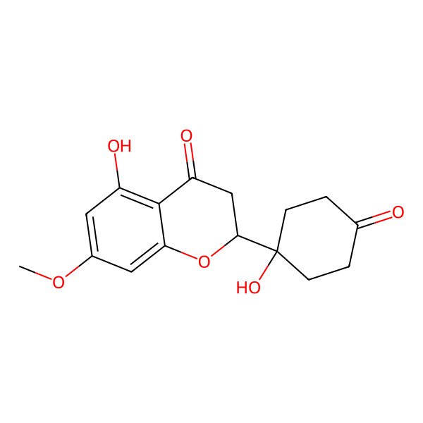 2D Structure of (2S)-5-hydroxy-2-(1-hydroxy-4-oxocyclohexyl)-7-methoxy-2,3-dihydrochromen-4-one 2D Structure of (2S)-5-hydroxy-2-(1-hydroxy-4-oxocyclohexyl)-7-methoxy-2,3-dihydrochromen-4-one