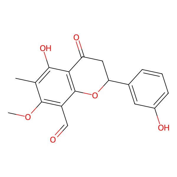 2D Structure of (2S)-5-hydroxy-2-(3-hydroxyphenyl)-7-methoxy-6-methyl-4-oxo-2,3-dihydrochromene-8-carbaldehyde 2D Structure of (2S)-5-hydroxy-2-(3-hydroxyphenyl)-7-methoxy-6-methyl-4-oxo-2,3-dihydrochromene-8-carbaldehyde
