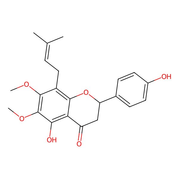 2D Structure of (2S)-5-hydroxy-2-(4-hydroxyphenyl)-6,7-dimethoxy-8-(3-methylbut-2-enyl)-2,3-dihydrochromen-4-one