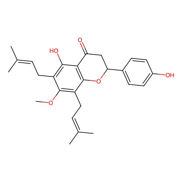 2D Structure of (2S)-5-hydroxy-2-(4-hydroxyphenyl)-7-methoxy-6,8-bis(3-methylbut-2-enyl)-2,3-dihydrochromen-4-one