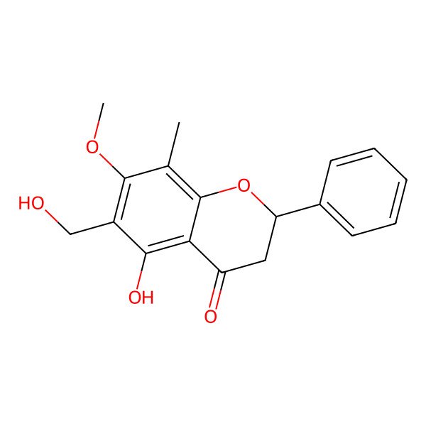 2D Structure of (2S)-5-hydroxy-6-(hydroxymethyl)-7-methoxy-8-methyl-2-phenyl-2,3-dihydrochromen-4-one 2D Structure of (2S)-5-hydroxy-6-(hydroxymethyl)-7-methoxy-8-methyl-2-phenyl-2,3-dihydrochromen-4-one