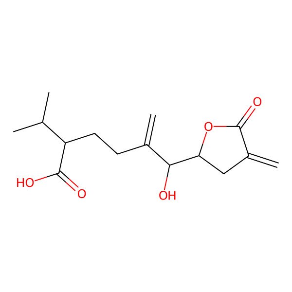 2D Structure of (2S)-5-[(S)-hydroxy-[(2S)-4-methylidene-5-oxooxolan-2-yl]methyl]-2-propan-2-ylhex-5-enoic acid