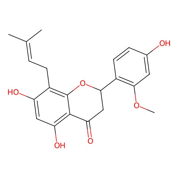 2D Structure of (2S)-5,7-dihydroxy-2-(4-hydroxy-2-methoxyphenyl)-8-(3-methylbut-2-enyl)-2,3-dihydrochromen-4-one