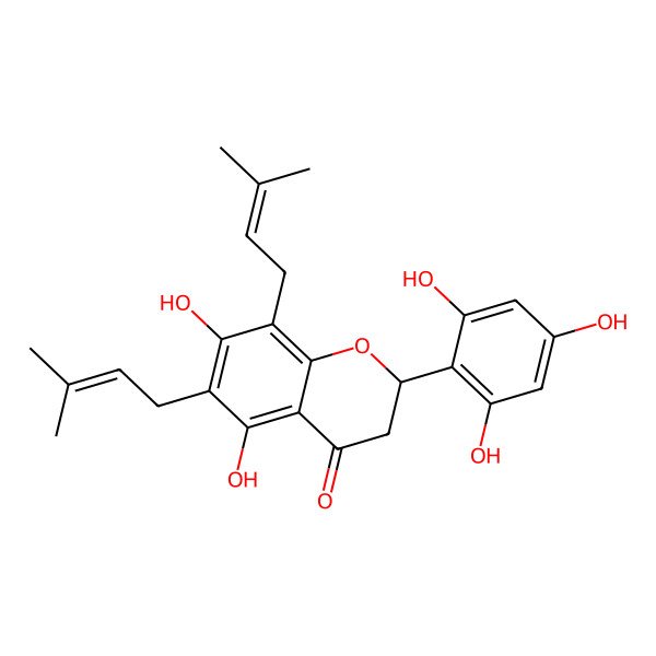 2D Structure of (2S)-5,7-dihydroxy-6,8-bis(3-methylbut-2-enyl)-2-(2,4,6-trihydroxyphenyl)-2,3-dihydrochromen-4-one