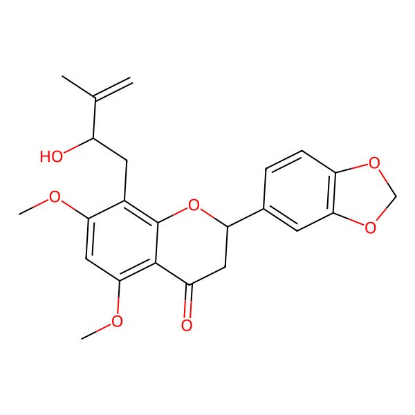 2D Structure of (2S)-5,7-Dimethoxy-8-(2S-hydroxy-3-methyl-3-butenyl)-3',4'-methylenedioxyflavanone 2D Structure of (2S)-5,7-Dimethoxy-8-(2S-hydroxy-3-methyl-3-butenyl)-3',4'-methylenedioxyflavanone
