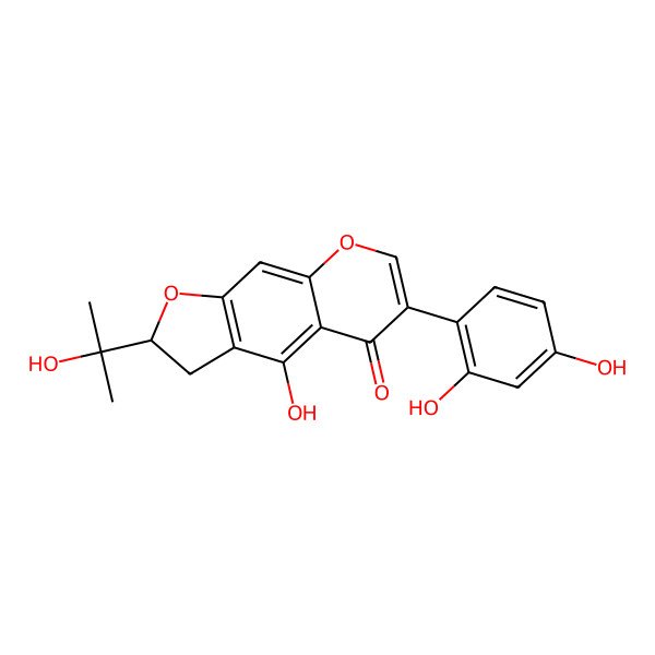 2D Structure of (2S)-6-(2,4-dihydroxyphenyl)-4-hydroxy-2-(2-hydroxypropan-2-yl)-2,3-dihydrofuro[3,2-g]chromen-5-one