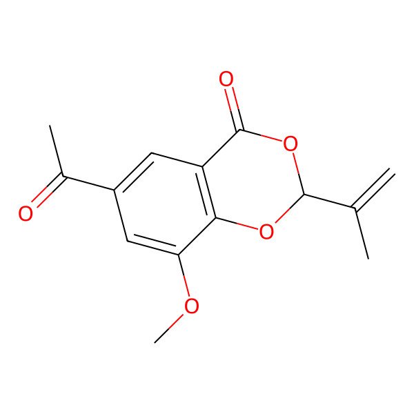 2D Structure of (2S)-6-acetyl-8-methoxy-2-prop-1-en-2-yl-1,3-benzodioxin-4-one 2D Structure of (2S)-6-acetyl-8-methoxy-2-prop-1-en-2-yl-1,3-benzodioxin-4-one