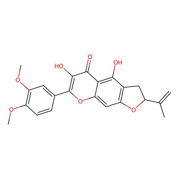 2D Structure of (2S)-7-(3,4-dimethoxyphenyl)-4,6-dihydroxy-2-prop-1-en-2-yl-2,3-dihydrofuro[3,2-g]chromen-5-one