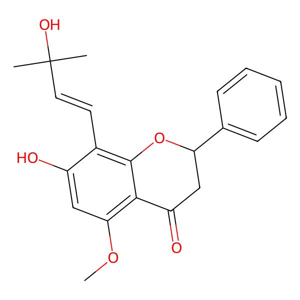 2D Structure of (2S)-7-hydroxy-8-(3-hydroxy-3-methylbut-1-enyl)-5-methoxy-2-phenyl-2,3-dihydrochromen-4-one