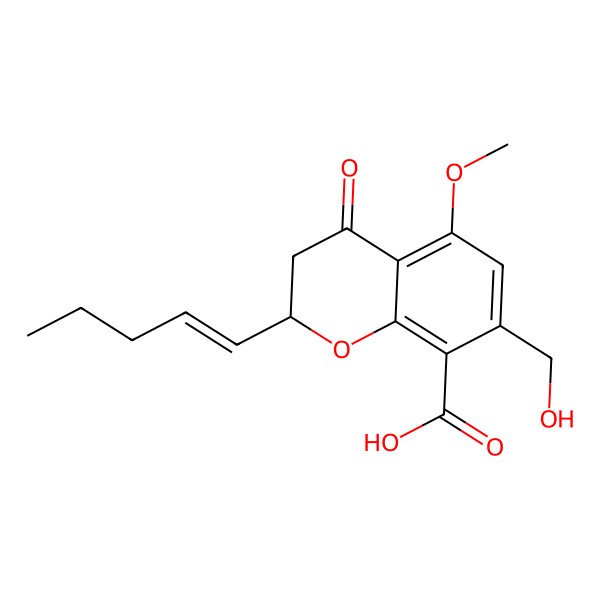 2D Structure of 7-(hydroxymethyl)-5-methoxy-4-oxo-2-[(E)-pent-1-enyl]-2,3-dihydrochromene-8-carboxylic acid