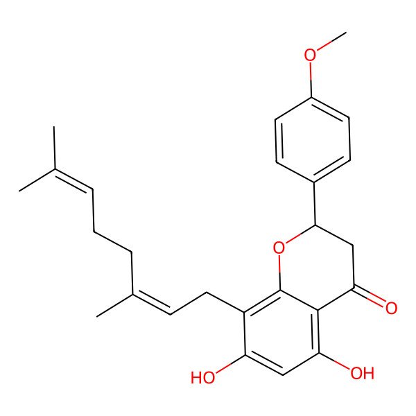 2D Structure of (2S)-8-[(2E)-3,7-dimethylocta-2,6-dienyl]-5,7-dihydroxy-2-(4-methoxyphenyl)-2,3-dihydrochromen-4-one