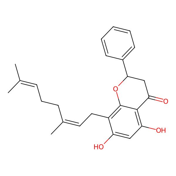 2D Structure of (2S)-8-[(2E)-3,7-dimethylocta-2,6-dienyl]-5,7-dihydroxy-2-phenyl-2,3-dihydrochromen-4-one