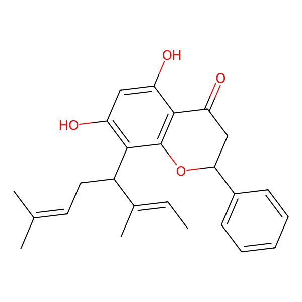 2D Structure of (2S)-8-[(2E,4S)-3,7-dimethylocta-2,6-dien-4-yl]-5,7-dihydroxy-2-phenyl-2,3-dihydrochromen-4-one