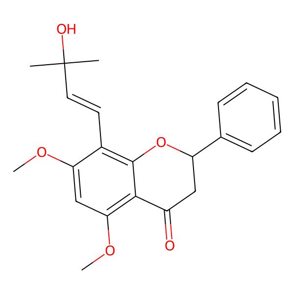 2D Structure of (2S)-8-[(E)-3-hydroxy-3-methylbut-1-enyl]-5,7-dimethoxy-2-phenyl-2,3-dihydrochromen-4-one