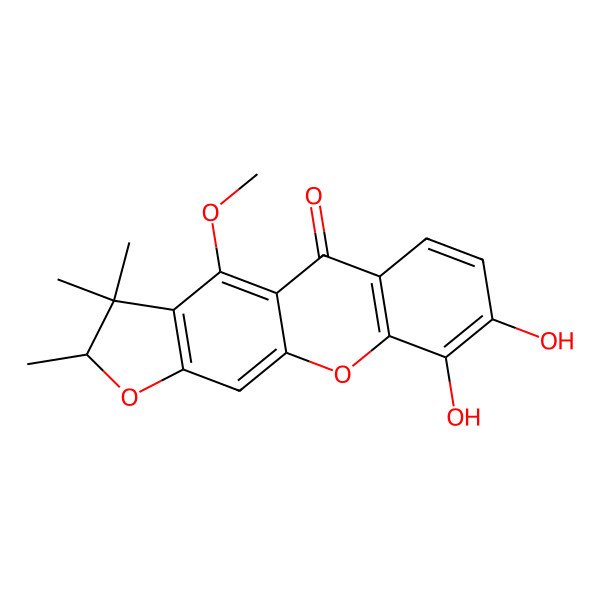 2D Structure of (2S)-8,9-dihydroxy-4-methoxy-2,3,3-trimethyl-2H-furo[3,2-b]xanthen-5-one