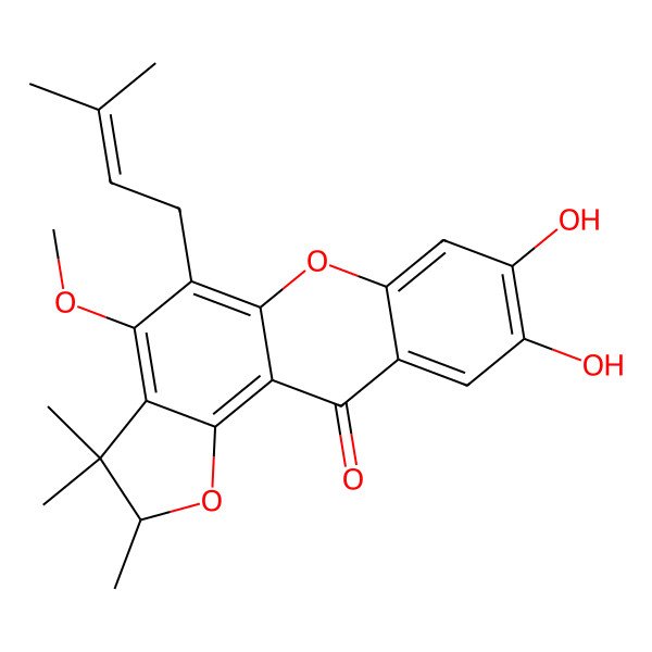 2D Structure of (2S)-8,9-dihydroxy-4-methoxy-2,3,3-trimethyl-5-(3-methylbut-2-enyl)-2H-furo[2,3-a]xanthen-11-one
