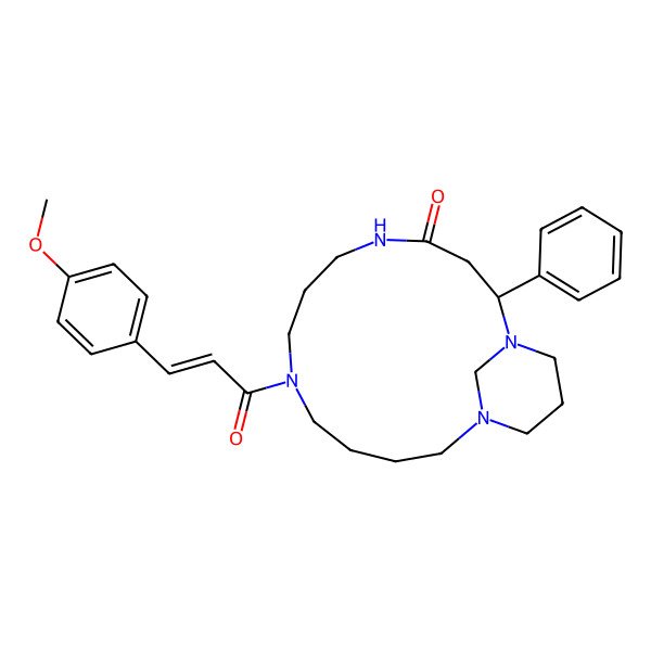 2D Structure of (2S)-9-[(E)-3-(4-methoxyphenyl)prop-2-enoyl]-2-phenyl-1,5,9,14-tetrazabicyclo[12.3.1]octadecan-4-one