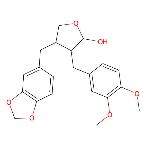 2D Structure of (2S,3R,4R)-4-(1,3-benzodioxol-5-ylmethyl)-3-[(3,4-dimethoxyphenyl)methyl]oxolan-2-ol