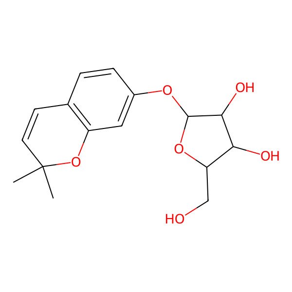 2D Structure of (2S,3R,4S,5R)-2-(2,2-dimethylchromen-7-yl)oxy-5-(hydroxymethyl)oxolane-3,4-diol