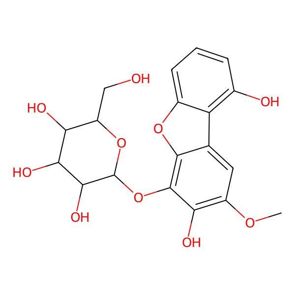2D Structure of (2S,3R,4S,5S,6R)-2-(3,9-dihydroxy-2-methoxydibenzofuran-4-yl)oxy-6-(hydroxymethyl)oxane-3,4,5-triol