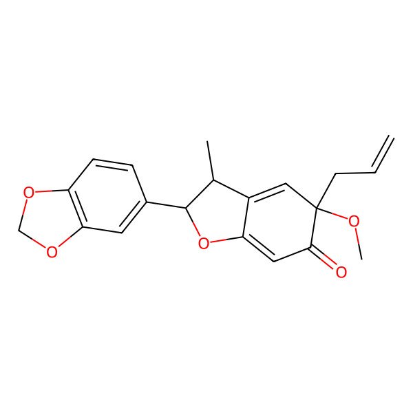 2D Structure of (2S,3R,5S)-2-(1,3-benzodioxol-5-yl)-5-methoxy-3-methyl-5-prop-2-enyl-2,3-dihydro-1-benzofuran-6-one 2D Structure of (2S,3R,5S)-2-(1,3-benzodioxol-5-yl)-5-methoxy-3-methyl-5-prop-2-enyl-2,3-dihydro-1-benzofuran-6-one