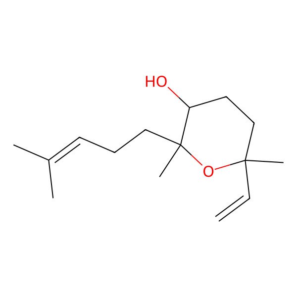 2D Structure of (2S,3R,6S)-2,6-dimethyl-2-(4-methylpent-3-enyl)-6-vinyl-tetrahydropyran-3-ol