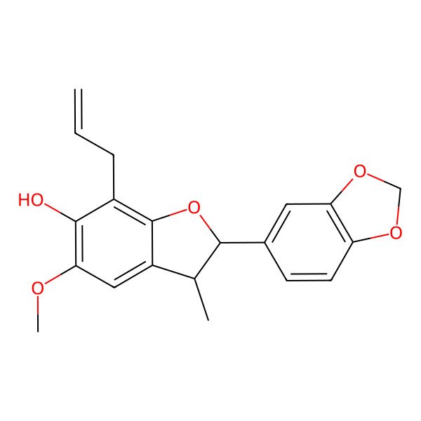 2D Structure of (2S,3S)-2-(1,3-benzodioxol-5-yl)-5-methoxy-3-methyl-7-prop-2-enyl-2,3-dihydro-1-benzofuran-6-ol