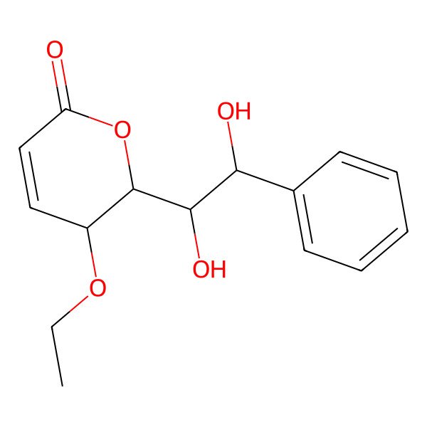 2D Structure of (2S,3S)-2-[(1R,2R)-1,2-dihydroxy-2-phenylethyl]-3-ethoxy-2,3-dihydropyran-6-one