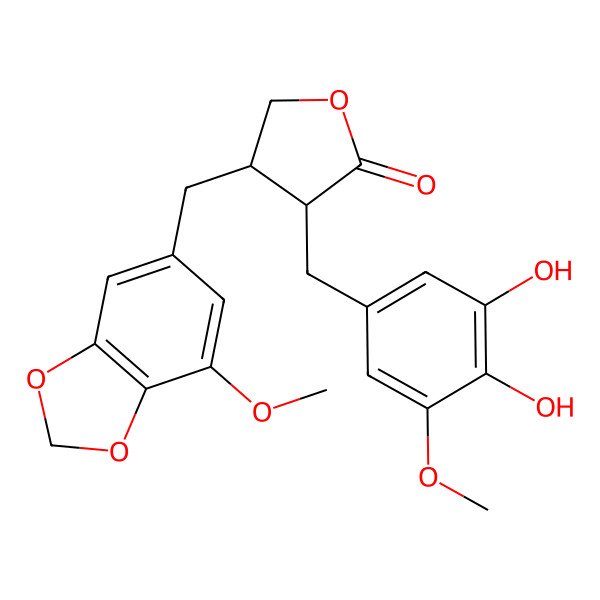 2D Structure of (2S,3S)-2-(3,4-Dihydroxy-5-methoxybenzyl)-3-(5-methoxy-3,4-methylenedioxybenzyl)butyrolactone 2D Structure of (2S,3S)-2-(3,4-Dihydroxy-5-methoxybenzyl)-3-(5-methoxy-3,4-methylenedioxybenzyl)butyrolactone