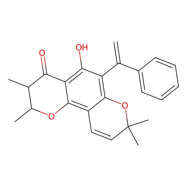 2D Structure of (2S,3S)-5-hydroxy-2,3,8,8-tetramethyl-6-(1-phenylethenyl)-2,3-dihydropyrano[2,3-h]chromen-4-one
