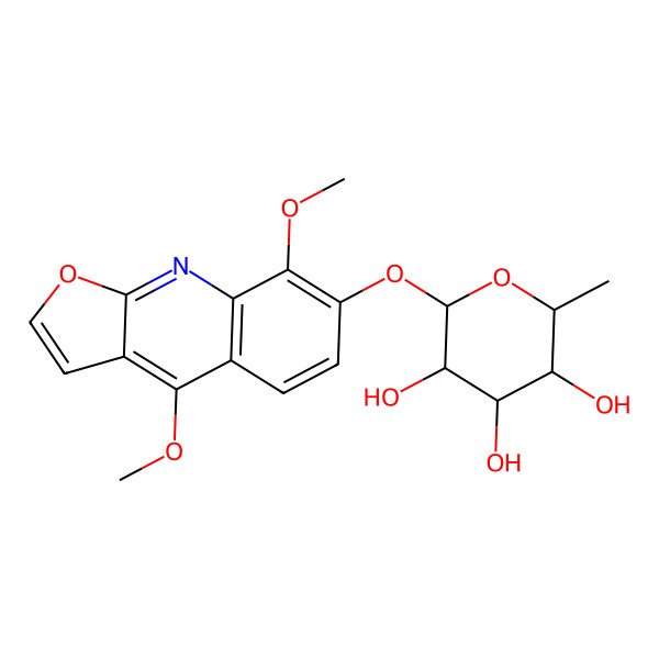 2D Structure of (2S,3S,4R,5R,6S)-2-(4,8-dimethoxyfuro[2,3-b]quinolin-7-yl)oxy-6-methyloxane-3,4,5-triol