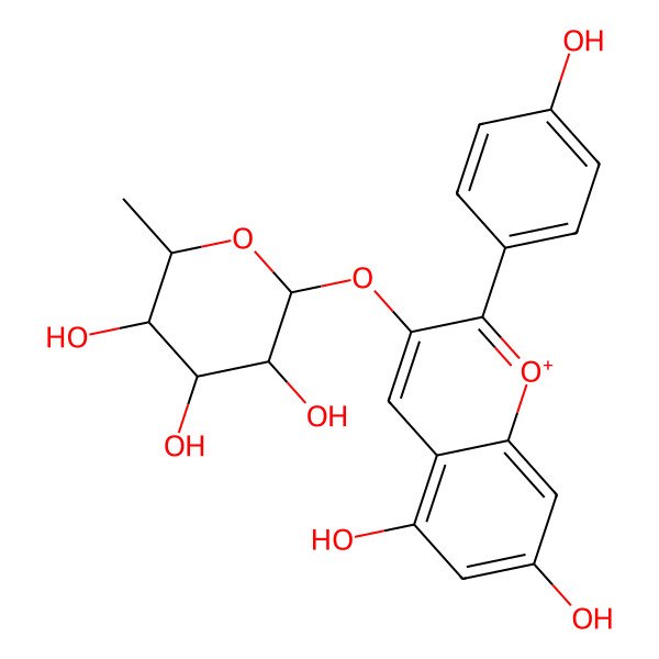 2D Structure of (2S,3S,4R,5R,6S)-2-[5,7-dihydroxy-2-(4-hydroxyphenyl)chromenylium-3-yl]oxy-6-methyloxane-3,4,5-triol