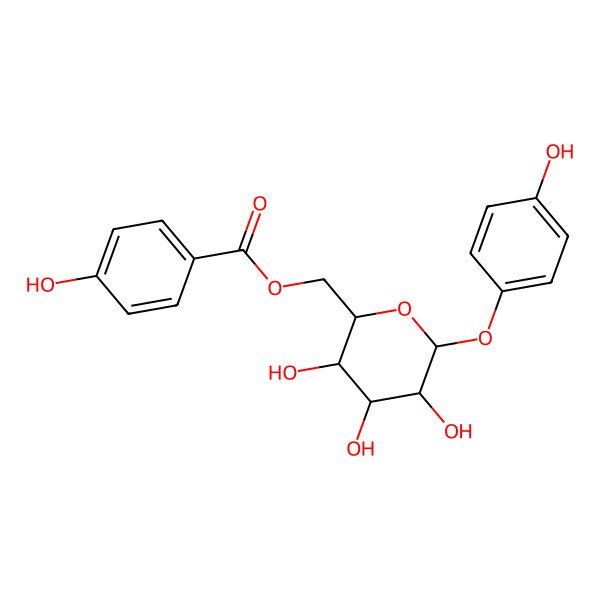 2D Structure of [(2S,3S,4S,5R,6S)-3,4,5-Trihydroxy-6-(4-hydroxyphenoxy)tetrahydropyran-2-yl]methyl 4-hydroxybenzoate