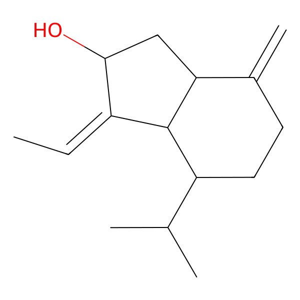 2D Structure of (2S,3Z,3aS,4S,7aR)-3-ethylidene-7-methylidene-4-propan-2-yl-2,3a,4,5,6,7a-hexahydro-1H-inden-2-ol
