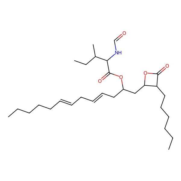 2D Structure of [(2S,4E,7E)-1-(3-hexyl-4-oxooxetan-2-yl)trideca-4,7-dien-2-yl] (2S)-2-formamido-3-methylpentanoate