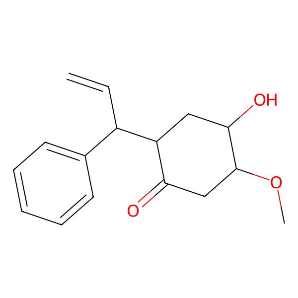 2D Structure of (2S,4R,5S)-4-hydroxy-5-methoxy-2-[(1R)-1-phenylprop-2-enyl]cyclohexan-1-one
