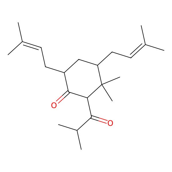 2D Structure of (2S,4R,6R)-3,3-dimethyl-4,6-bis(3-methylbut-2-enyl)-2-(2-methylpropanoyl)cyclohexan-1-one