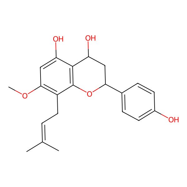 2D Structure of (2S,4S)-2-(4-hydroxyphenyl)-7-methoxy-8-(3-methylbut-2-enyl)-3,4-dihydro-2H-chromene-4,5-diol