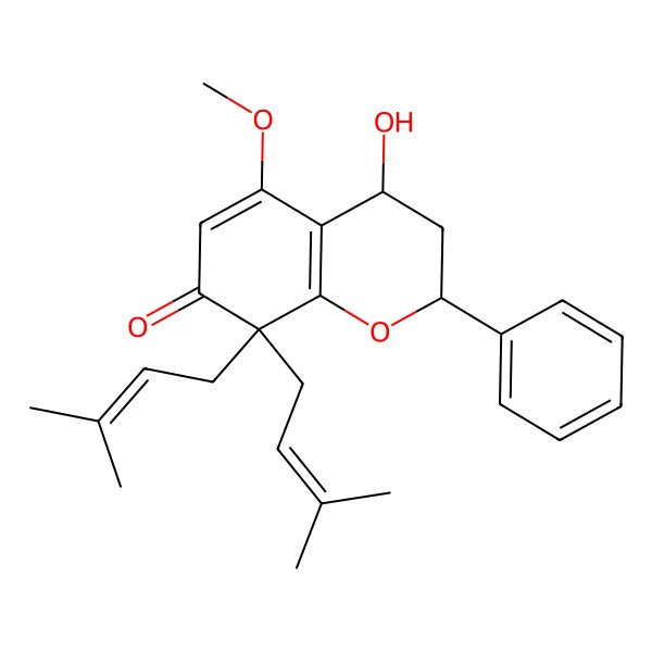 2D Structure of (2S,4S)-4-hydroxy-5-methoxy-8,8-bis(3-methylbut-2-enyl)-2-phenyl-3,4-dihydro-2H-chromen-7-one 2D Structure of (2S,4S)-4-hydroxy-5-methoxy-8,8-bis(3-methylbut-2-enyl)-2-phenyl-3,4-dihydro-2H-chromen-7-one