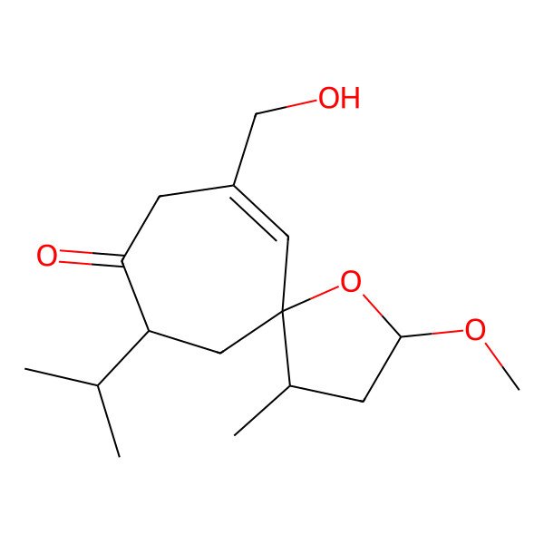 2D Structure of (2S,4S,5S,10S)-7-(hydroxymethyl)-2-methoxy-4-methyl-10-propan-2-yl-1-oxaspiro[4.6]undec-6-en-9-one