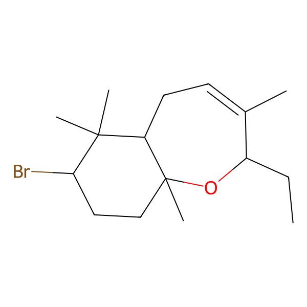2D Structure of (2S,5aS,7S,9aS)-7-bromo-2-ethyl-3,6,6,9a-tetramethyl-2,5,5a,7,8,9-hexahydro-1-benzoxepine