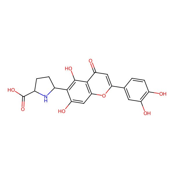 2D Structure of (2S,5R)-5-[2-(3,4-dihydroxyphenyl)-5,7-dihydroxy-4-oxochromen-6-yl]pyrrolidine-2-carboxylic acid